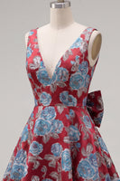 Load image into Gallery viewer, Floral Red A Line V-Neck Short Birthday Party Dress with Bow
