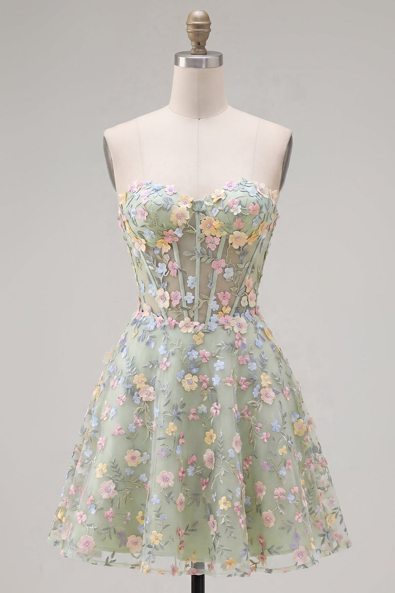 Load image into Gallery viewer, Sweetheart A Line Green Corset Short Prom Dress with 3D Flowers