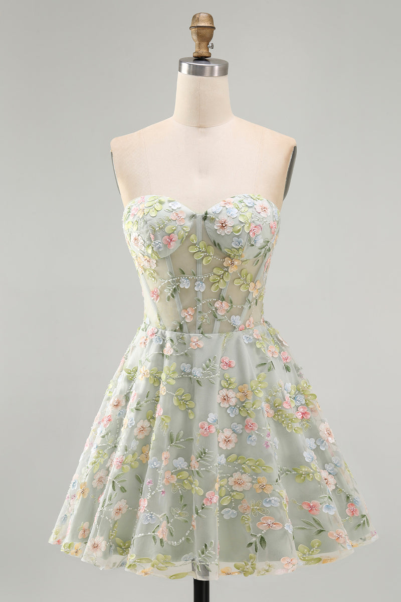 Load image into Gallery viewer, Sweetheart A Line Green Corset Short Prom Dress with 3D Flowers