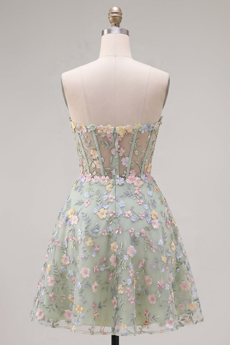 Load image into Gallery viewer, Sweetheart A Line Green Corset Short Prom Dress with 3D Flowers