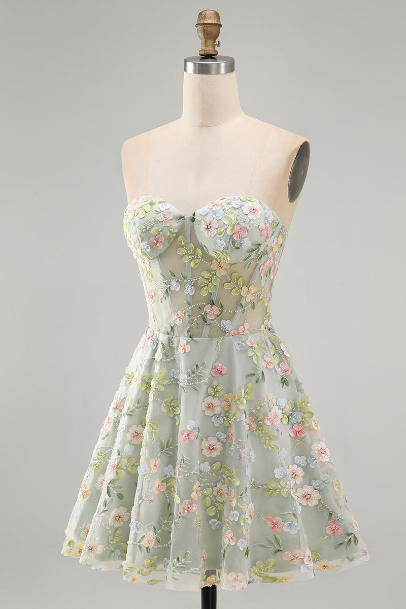 Load image into Gallery viewer, Sweetheart A Line Green Corset Short Prom Dress with 3D Flowers