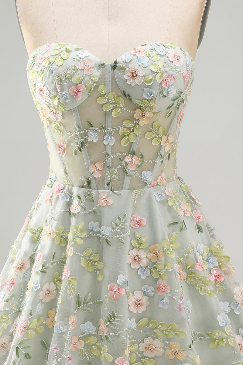 Load image into Gallery viewer, Sweetheart A Line Green Corset Short Prom Dress with 3D Flowers
