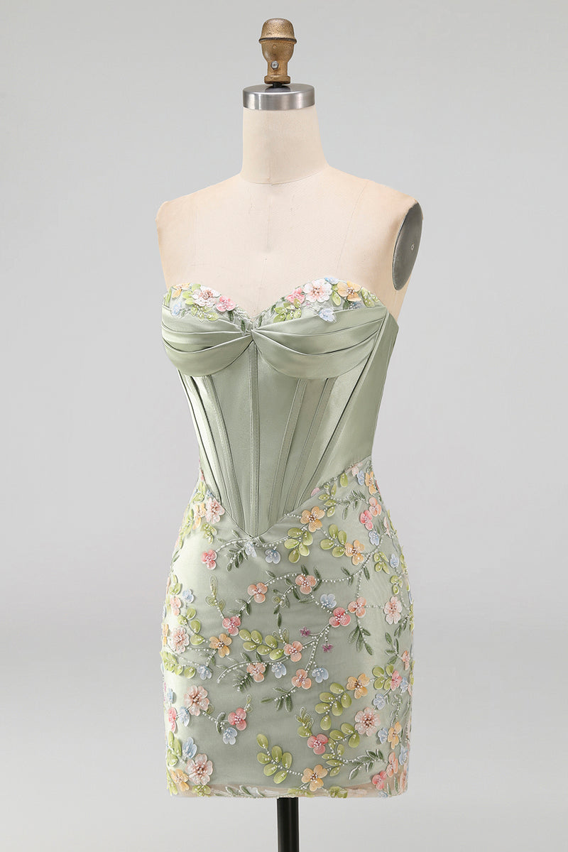 Load image into Gallery viewer, Floral Sweetheart Pink Tight Short Corset Prom Dress