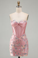 Load image into Gallery viewer, Floral Sweetheart Pink Tight Short Corset Prom Dress