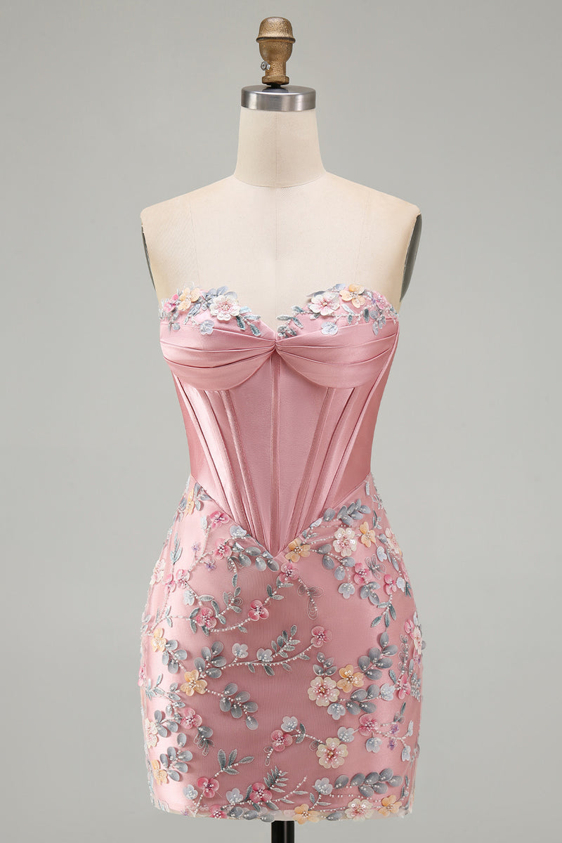 Load image into Gallery viewer, Floral Sweetheart Pink Tight Short Corset Prom Dress