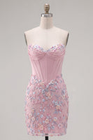 Load image into Gallery viewer, Floral Sweetheart Pink Tight Short Corset Prom Dress