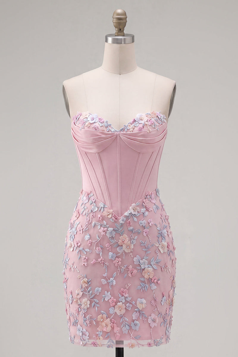 Load image into Gallery viewer, Floral Sweetheart Pink Tight Short Corset Prom Dress