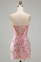Load image into Gallery viewer, Floral Sweetheart Pink Tight Short Corset Prom Dress