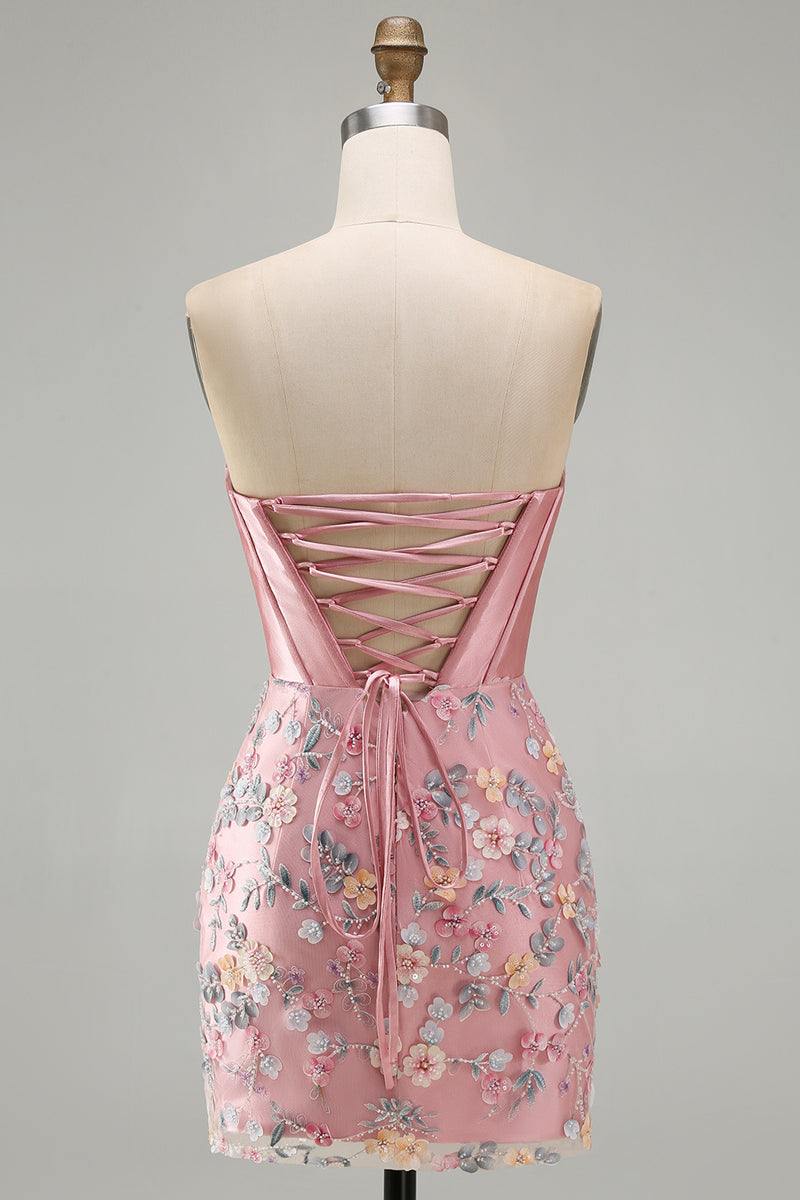 Load image into Gallery viewer, Floral Sweetheart Pink Tight Short Corset Prom Dress