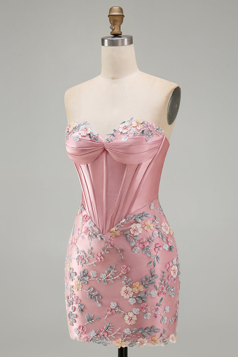 Load image into Gallery viewer, Floral Sweetheart Pink Tight Short Corset Prom Dress