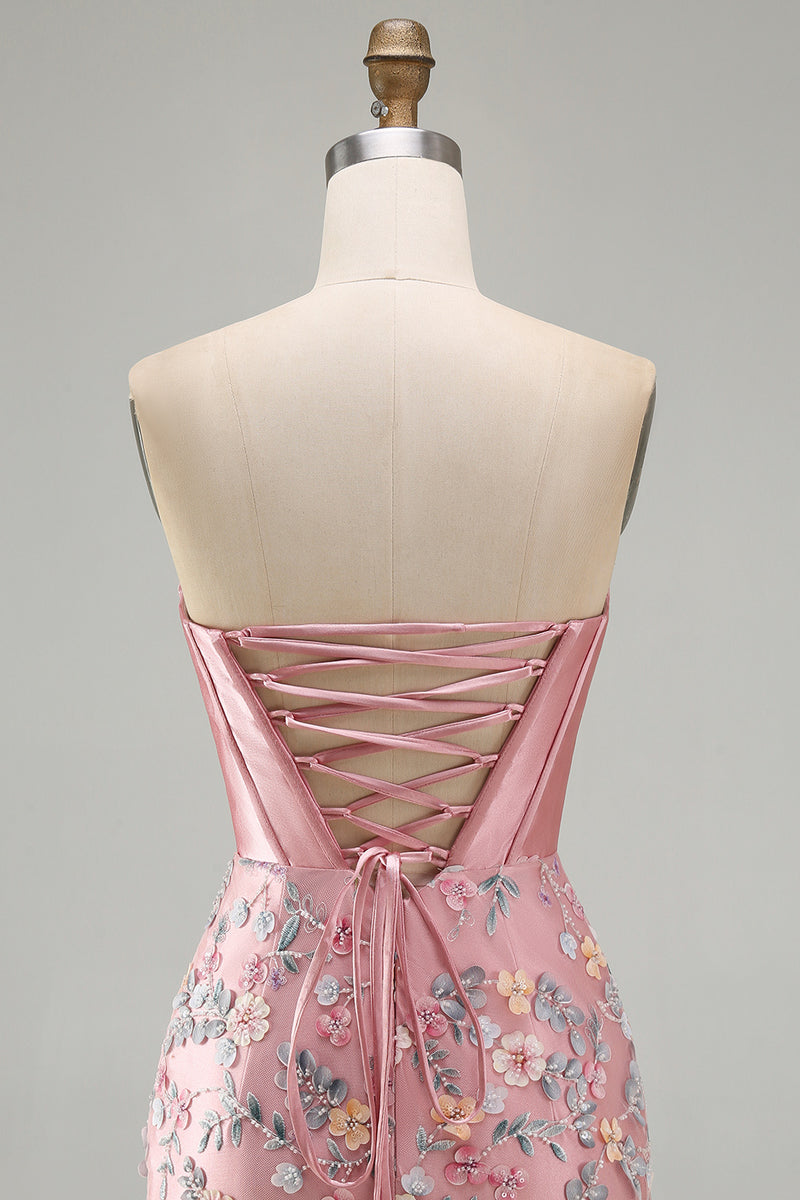 Load image into Gallery viewer, Floral Sweetheart Pink Tight Short Corset Prom Dress