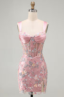 Load image into Gallery viewer, Floral Tight Blue Thick Straps Corset Short Prom Dress with Slit