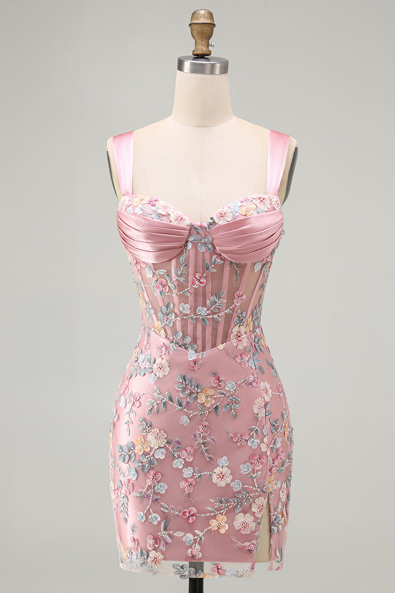Load image into Gallery viewer, Floral Tight Blue Thick Straps Corset Short Prom Dress with Slit