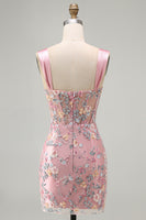 Load image into Gallery viewer, Floral Tight Blue Thick Straps Corset Short Prom Dress with Slit