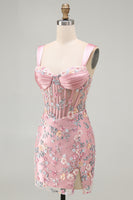 Load image into Gallery viewer, Floral Tight Blue Thick Straps Corset Short Prom Dress with Slit