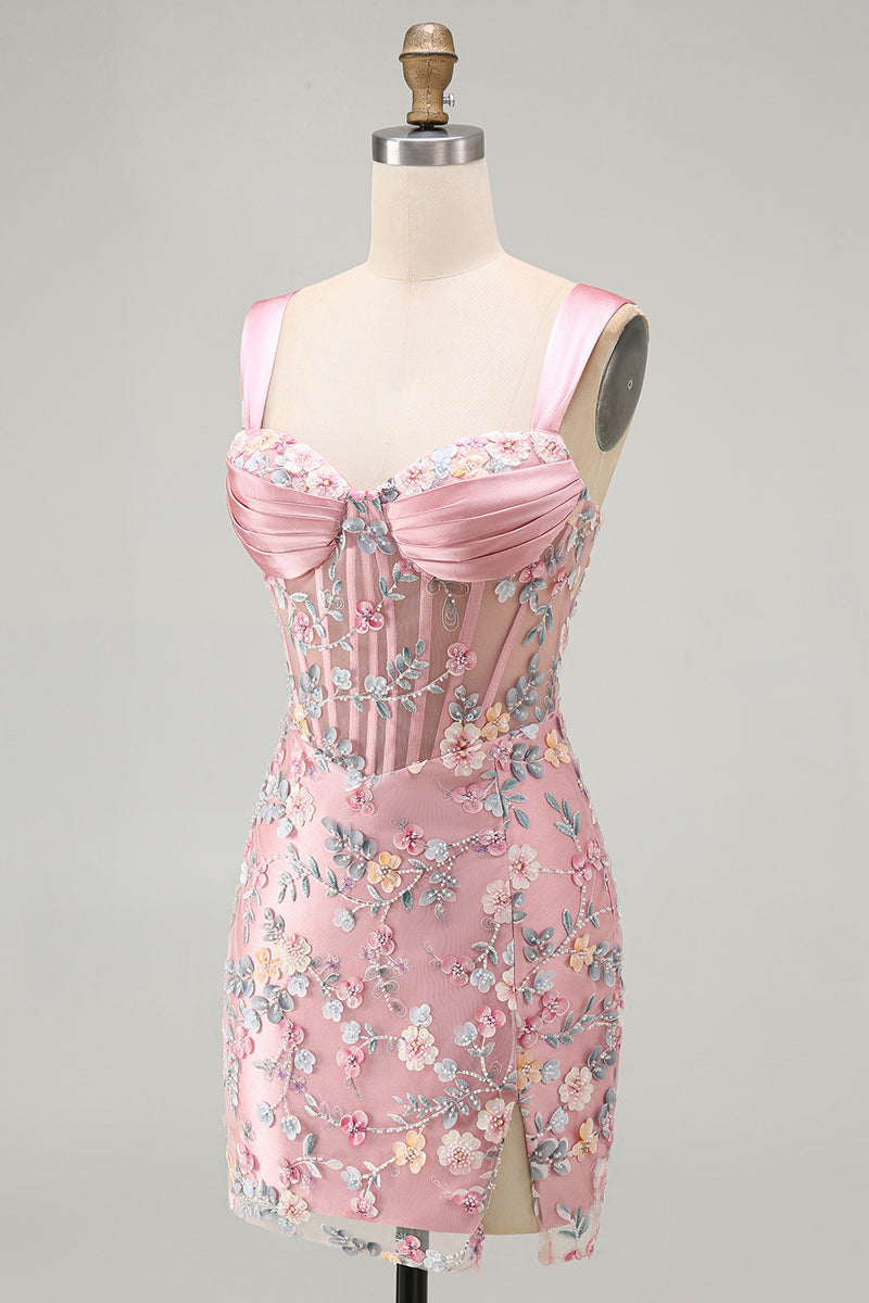 Load image into Gallery viewer, Floral Tight Blue Thick Straps Corset Short Prom Dress with Slit