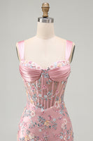 Load image into Gallery viewer, Floral Tight Blue Thick Straps Corset Short Prom Dress with Slit