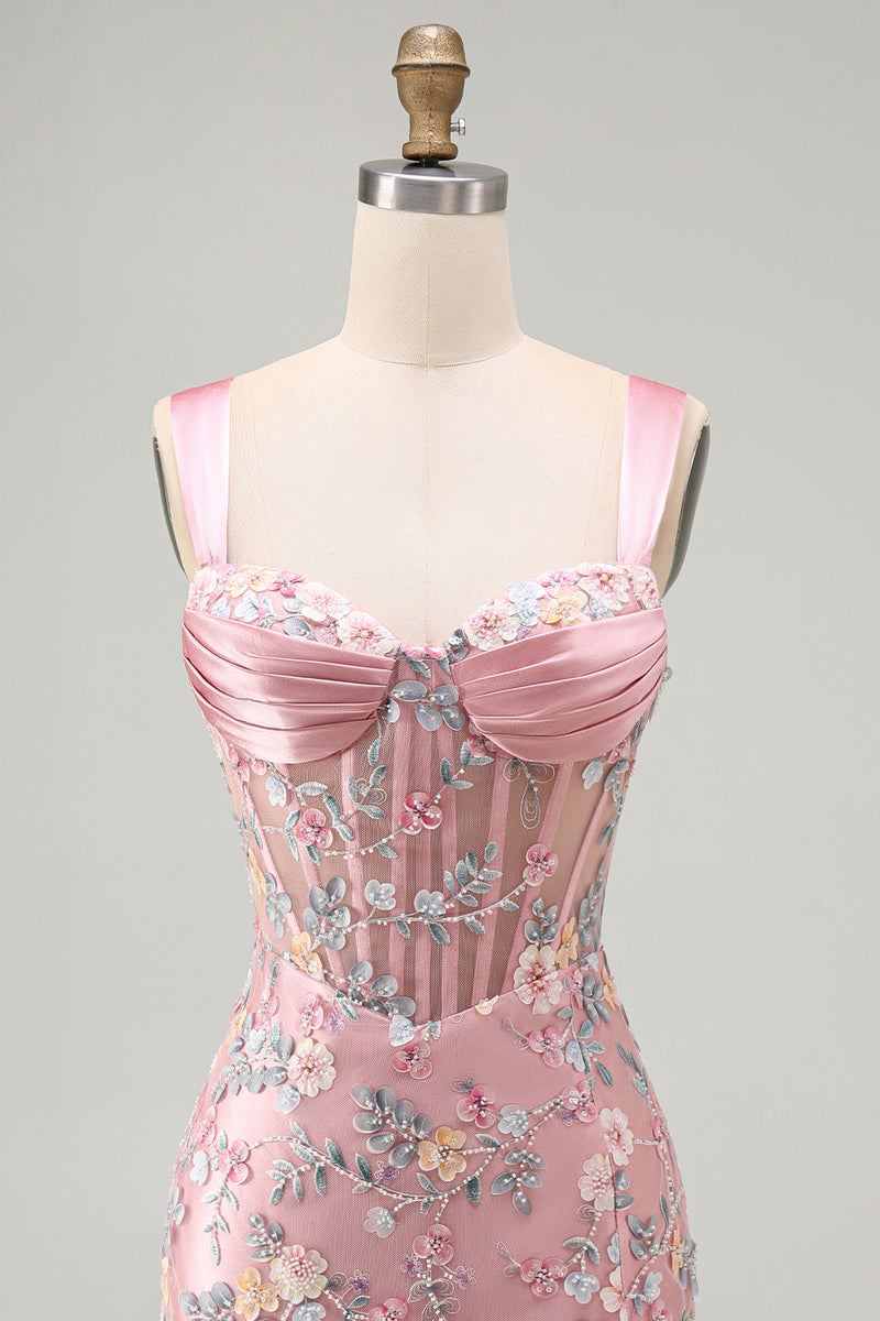 Load image into Gallery viewer, Floral Tight Blue Thick Straps Corset Short Prom Dress with Slit