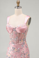 Load image into Gallery viewer, Floral Tight Blue Thick Straps Corset Short Prom Dress with Slit