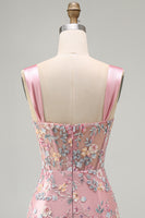 Load image into Gallery viewer, Floral Tight Blue Thick Straps Corset Short Prom Dress with Slit