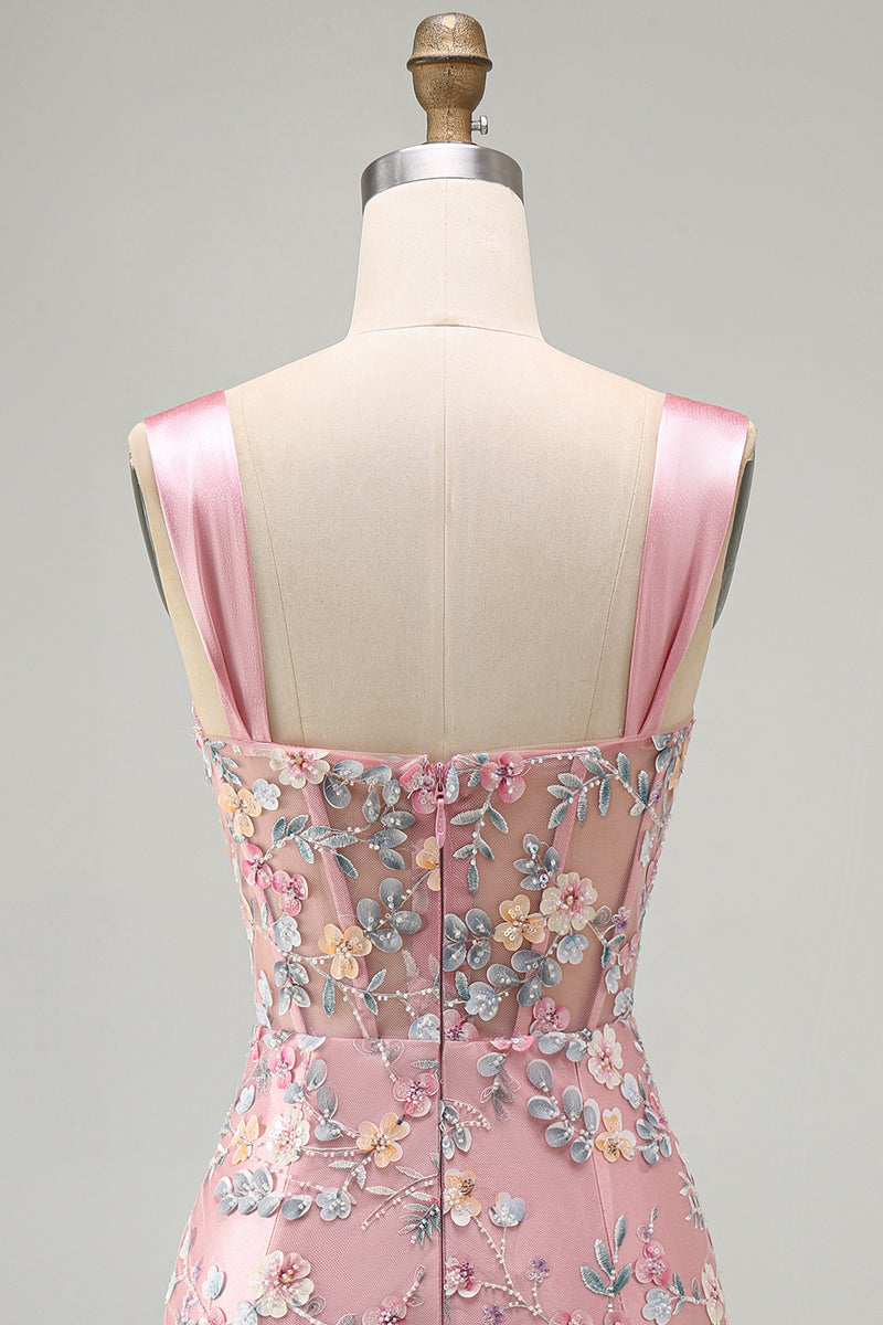 Load image into Gallery viewer, Floral Tight Blue Thick Straps Corset Short Prom Dress with Slit