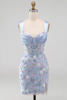 Load image into Gallery viewer, Floral Tight Blue Thick Straps Corset Short Prom Dress with Slit