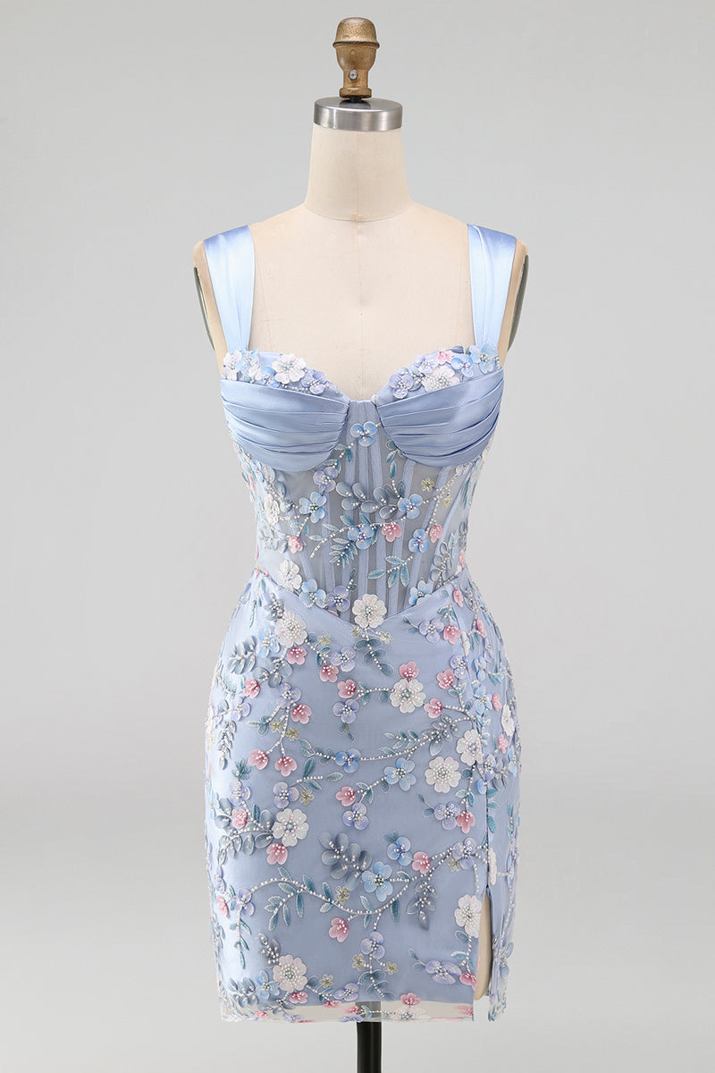 Load image into Gallery viewer, Floral Tight Blue Thick Straps Corset Short Prom Dress with Slit
