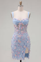 Load image into Gallery viewer, Floral Tight Blue Thick Straps Corset Short Prom Dress with Slit