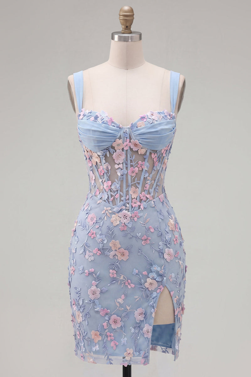 Load image into Gallery viewer, Floral Tight Blue Thick Straps Corset Short Prom Dress with Slit