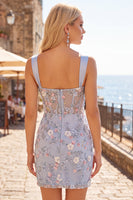Load image into Gallery viewer, Floral Tight Blue Thick Straps Corset Short Prom Dress with Slit