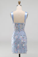 Load image into Gallery viewer, Floral Tight Blue Thick Straps Corset Short Prom Dress with Slit