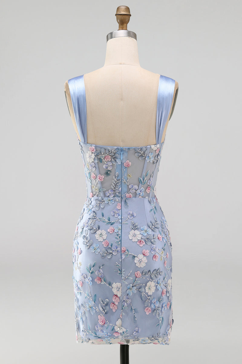 Load image into Gallery viewer, Floral Tight Blue Thick Straps Corset Short Prom Dress with Slit