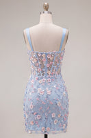 Load image into Gallery viewer, Floral Tight Blue Thick Straps Corset Short Prom Dress with Slit
