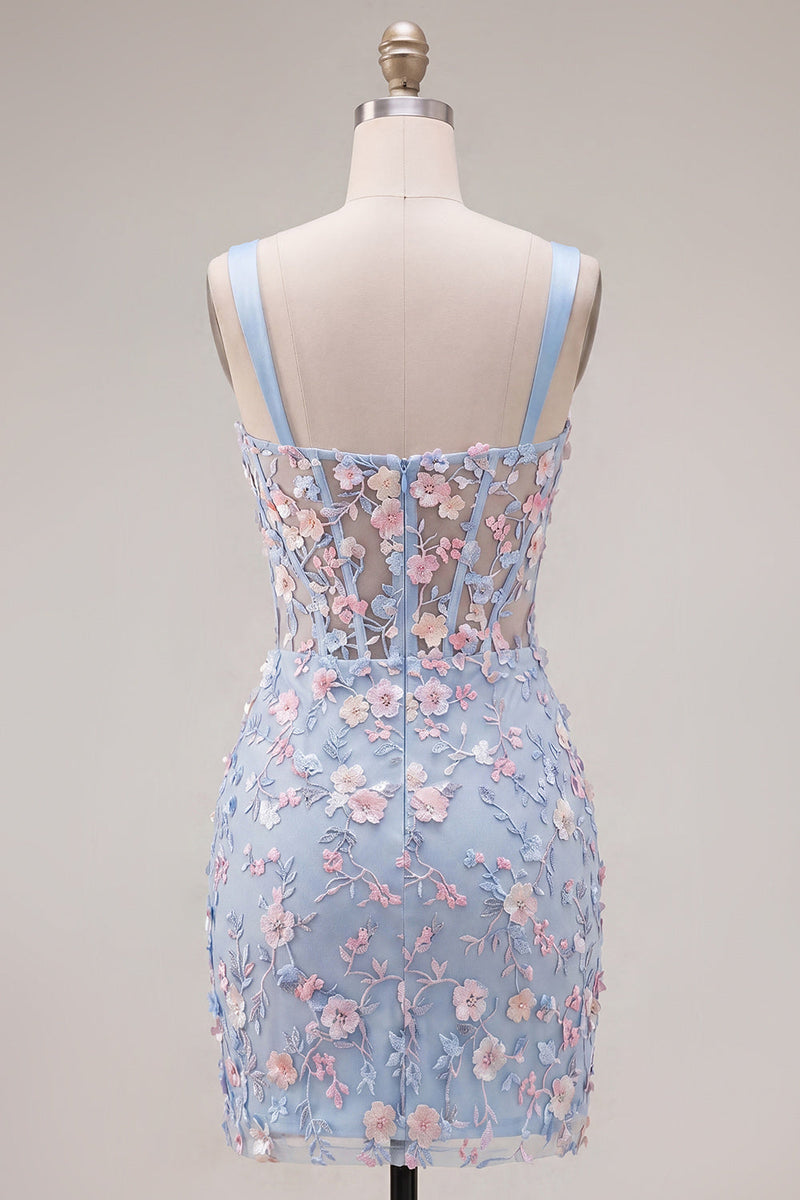 Load image into Gallery viewer, Floral Tight Blue Thick Straps Corset Short Prom Dress with Slit