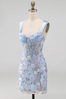 Load image into Gallery viewer, Floral Tight Blue Thick Straps Corset Short Prom Dress with Slit