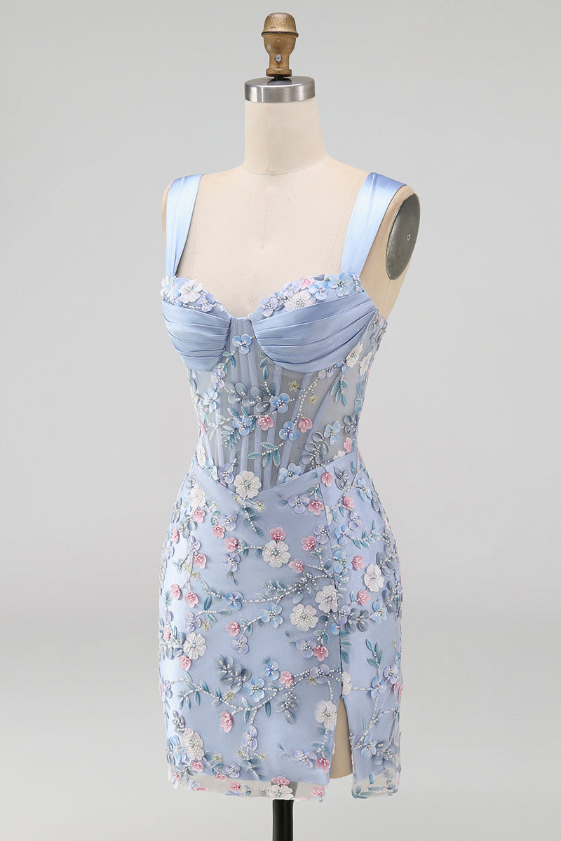 Load image into Gallery viewer, Floral Tight Blue Thick Straps Corset Short Prom Dress with Slit