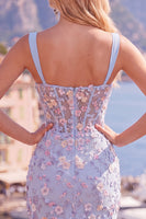 Load image into Gallery viewer, Floral Tight Blue Thick Straps Corset Short Prom Dress with Slit