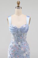 Load image into Gallery viewer, Floral Tight Blue Thick Straps Corset Short Prom Dress with Slit