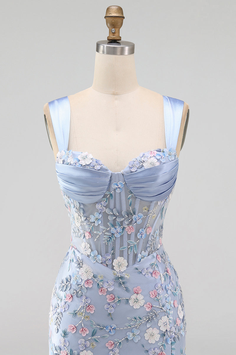 Load image into Gallery viewer, Floral Tight Blue Thick Straps Corset Short Prom Dress with Slit