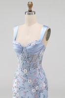 Load image into Gallery viewer, Floral Tight Blue Thick Straps Corset Short Prom Dress with Slit
