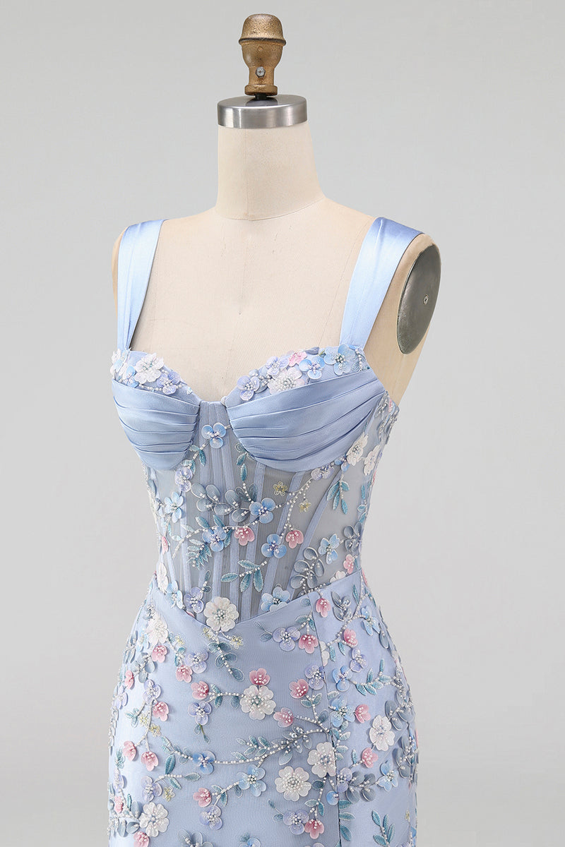Load image into Gallery viewer, Floral Tight Blue Thick Straps Corset Short Prom Dress with Slit