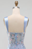 Load image into Gallery viewer, Floral Tight Blue Thick Straps Corset Short Prom Dress with Slit