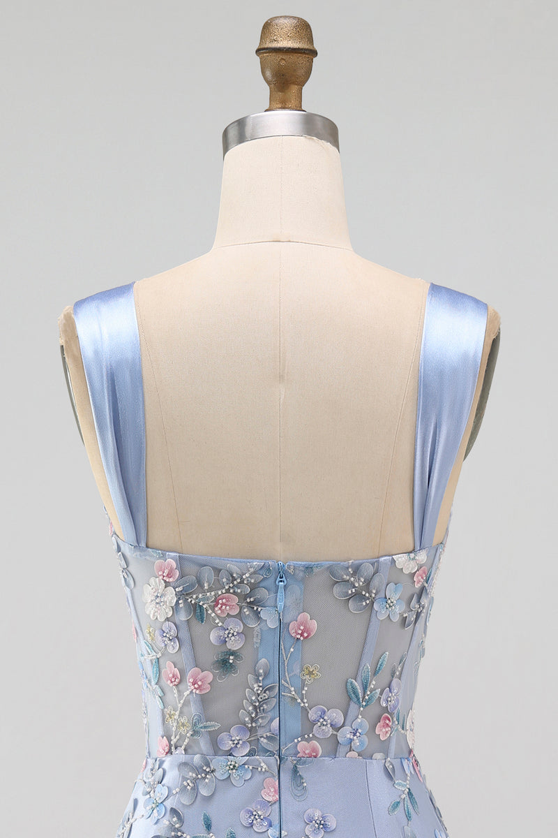 Load image into Gallery viewer, Floral Tight Blue Thick Straps Corset Short Prom Dress with Slit
