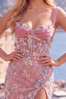Load image into Gallery viewer, Floral Tight Blue Thick Straps Corset Short Prom Dress with Slit