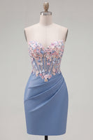 Load image into Gallery viewer, Strapless Tight Blue Short Ruched Corset Prom Dress with 3D Flowers
