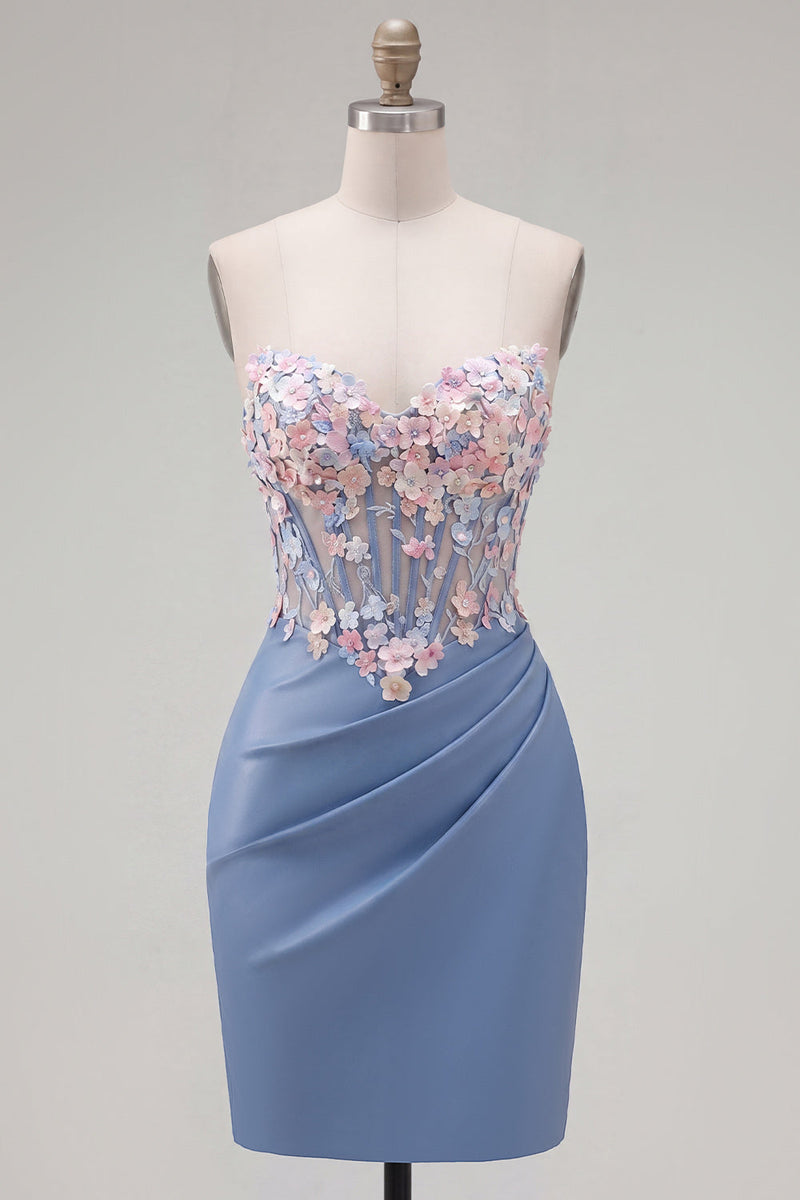 Load image into Gallery viewer, Strapless Tight Blue Short Ruched Corset Prom Dress with 3D Flowers