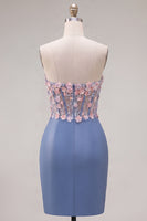 Load image into Gallery viewer, Strapless Tight Blue Short Ruched Corset Prom Dress with 3D Flowers