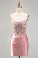 Load image into Gallery viewer, Strapless Tight Blue Short Ruched Corset Prom Dress with 3D Flowers