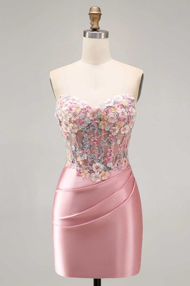 Load image into Gallery viewer, Strapless Tight Blue Short Ruched Corset Prom Dress with 3D Flowers