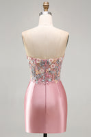 Load image into Gallery viewer, Strapless Tight Blue Short Ruched Corset Prom Dress with 3D Flowers